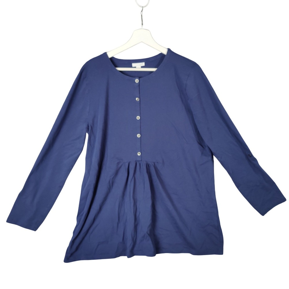 J. Jill Women Minimalist Cottage Coastal Knit Tunic XL Blue Roll Tab Henley Top